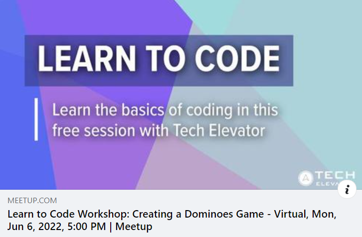 Learn to code session on June 6th at 5pm EDT
